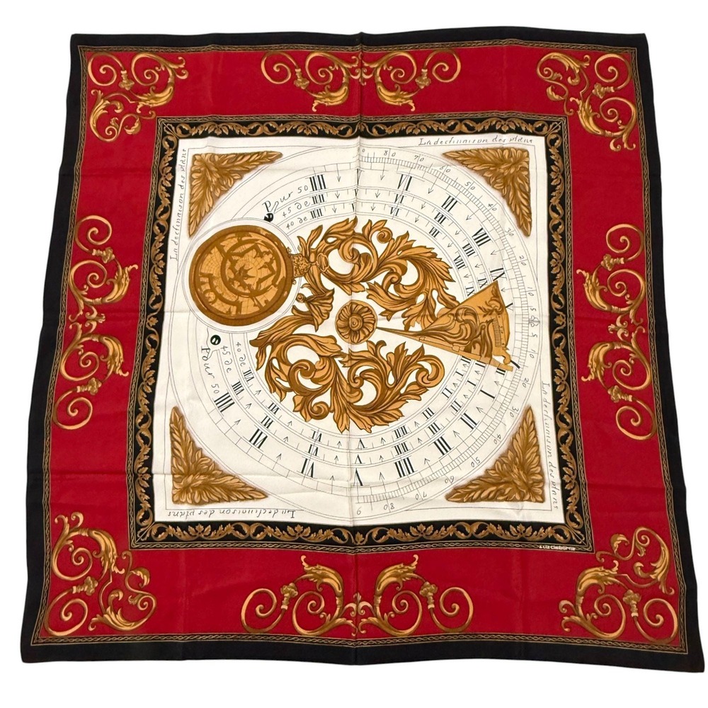 Liz Claiborne Vintage Silk Scarf Red Gold Sundial Baroque Design 34" Square